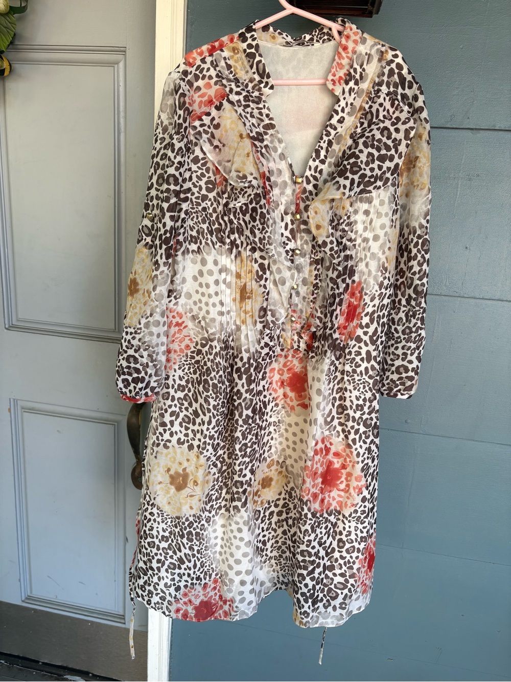 Sheer Leopard & Floral Print Midi Dress - White/Beige